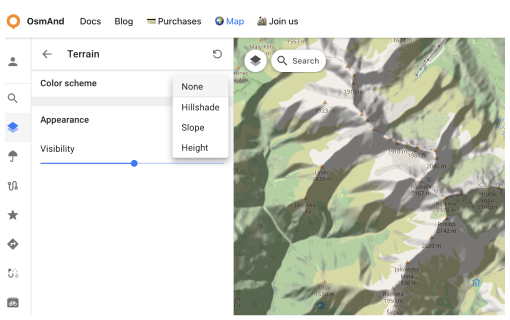 Configure map menu Terrain