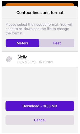 Contour lines download dialog iOS