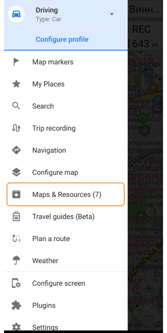 Maps menu Android