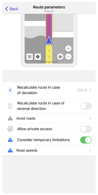 Moped routing settings iOS